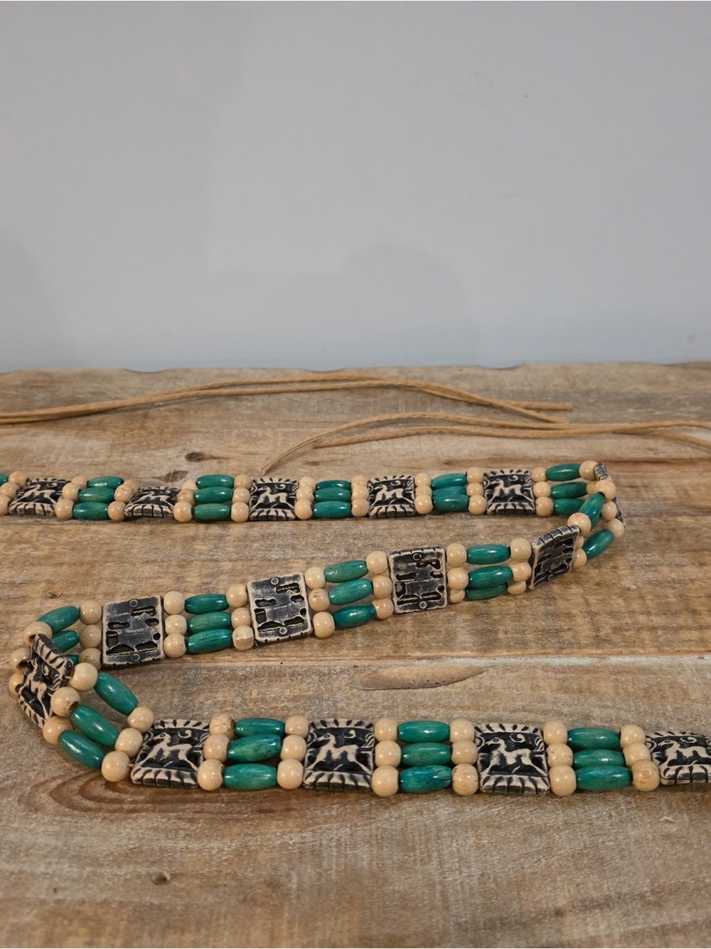 Boho Turquoise Beaded Waist Belt with Carved Accents